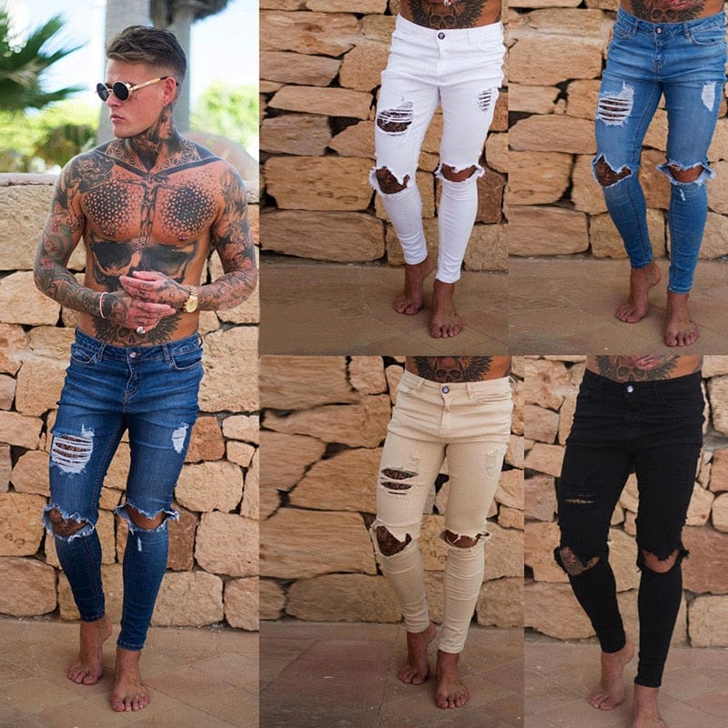 Wihte Men Knee Ripped Holes Skinny Destroyed Jeans Fashion Slim Fit Hip hop Mens Streetwear Cotton High quality Joggers Jeans