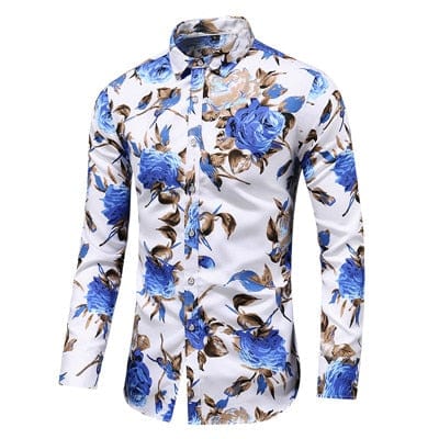 Autumn Men Slim Floral Print Long Sleeve Shirts Fashion Brand Party Holiday Casual Dress Flower Shirt Homme Plus Size 7XL