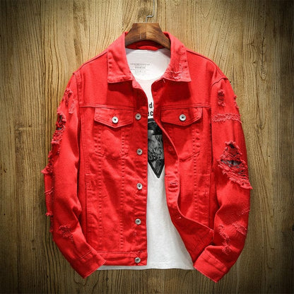 Autumn New Men's Jean Jacket Slim Fit Cotton Denim Jacket Red White Black Ripped Hole Jean Coats Men Outwear Youth Men 5XL