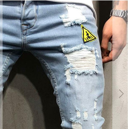 Fashion New Male hole badge embroidery denim trousers pants Men's streetwear hiphop skinny Casual Patch Jeans