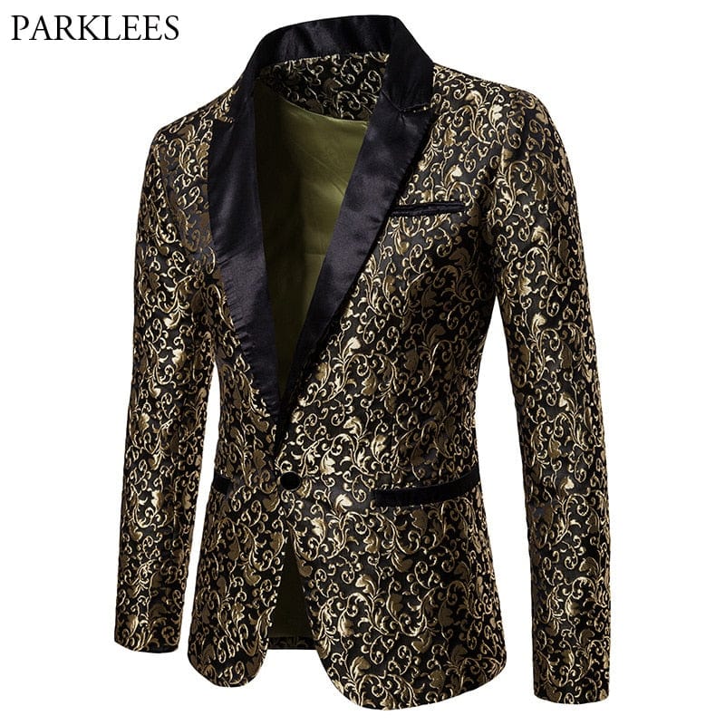 Gold Jacquard Bronzing Floral Blazer Men  Brand New Mens Patchwork One Button Blazer Jacket Party Stage Singer Costume Homme
