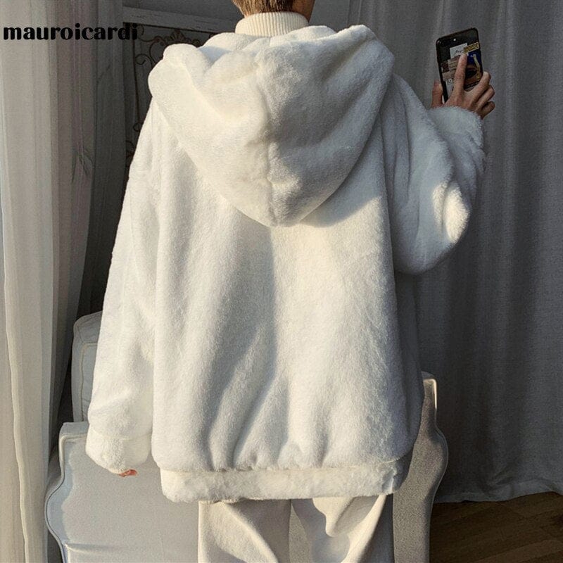 Mauroicardi Winter Oversized White Faux Fur Coat Men with Hood Long Sleeve Zipper Casual Loose Fluffy Jacket for Men Style 2021