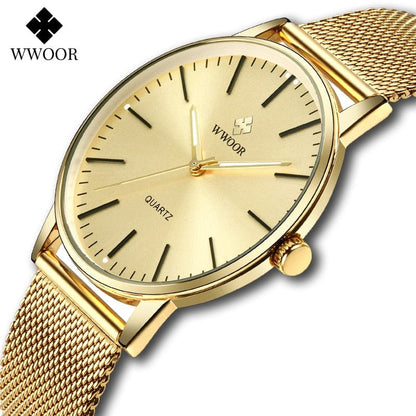 WWOOR Men Gold Watches  Luxury Brand Men Fashion Quartz Golden Clock Male Simple Sports Waterproof Wrist Watch Zegarek Meski
