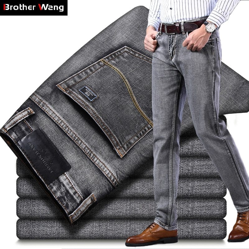 New Men's Stretch Regular Fit Jeans Business Casual Classic Style Fashion Denim Trousers Male Black Blue Gray Pants