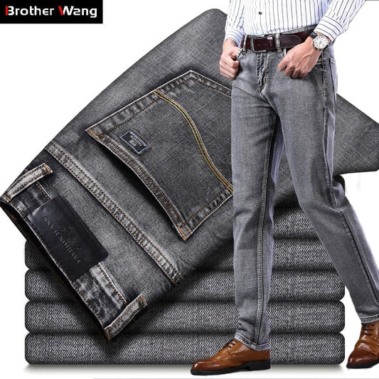 2022 New Men&#39;s Stretch Regular Fit Jeans Business Casual Classic Style Fashion Denim Trousers Male Black Blue Gray Pants