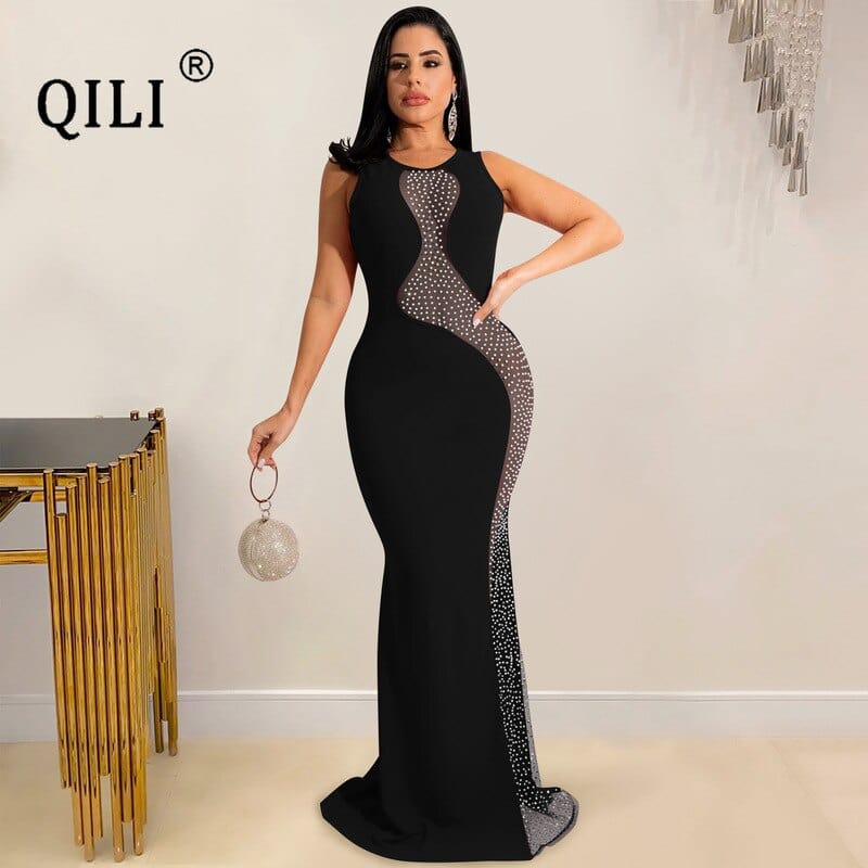 QILI Sexy Hot Rhinestone Mesh See-through Sleeveless Backless Long Skirt Dress Women