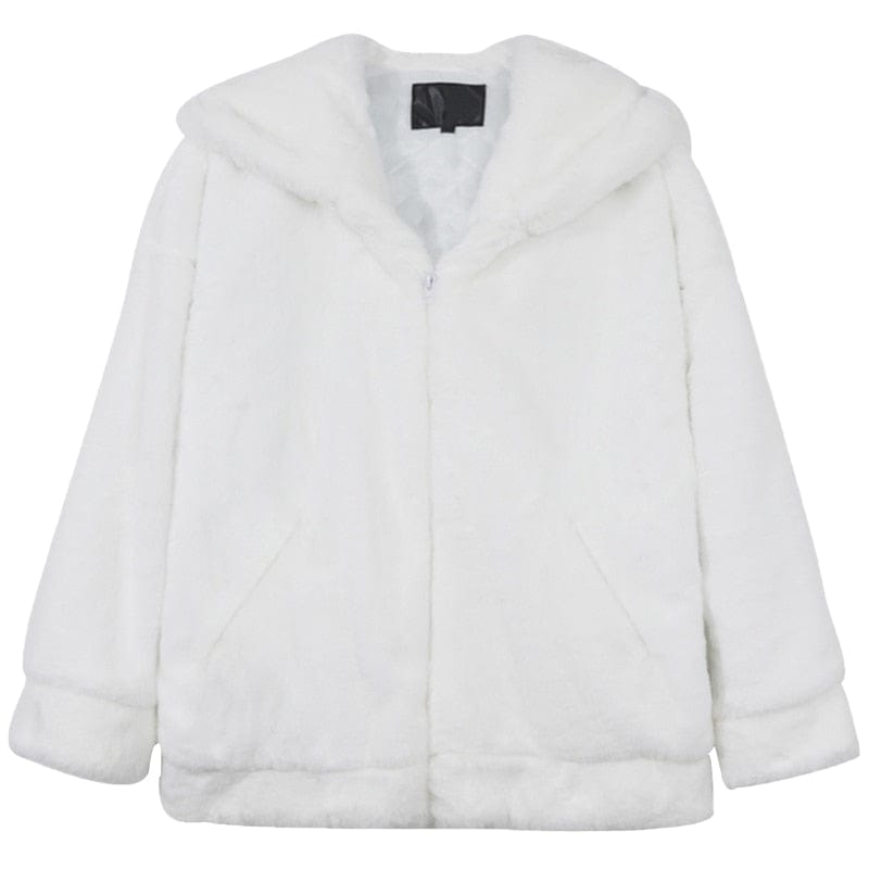Mauroicardi Winter Oversized White Faux Fur Coat Men with Hood Long Sleeve Zipper Casual Loose Fluffy Jacket for Men Style