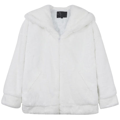 Mauroicardi Winter Oversized White Faux Fur Coat Men with Hood Long Sleeve Zipper Casual Loose Fluffy Jacket for Men Style