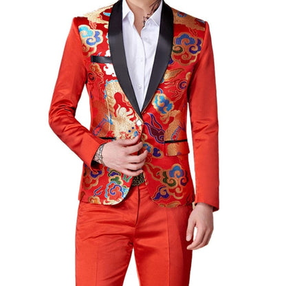 Fashion New Men's Casual Business Host Flower Suit Coat Pants 2 Pcs Set/ Men's Colorful Slim Fit Blazers Jacket Trousers