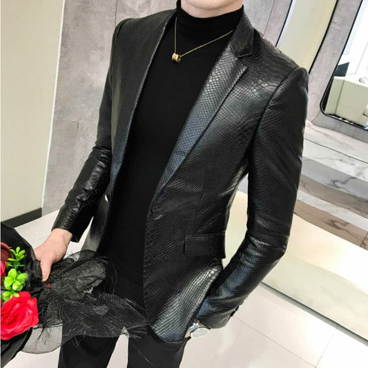 Costum bărbați Blazer negru slim fit Hombre Jachetă din piele PU Bărbați cu un singur buton Business Casual Balul costum coreean