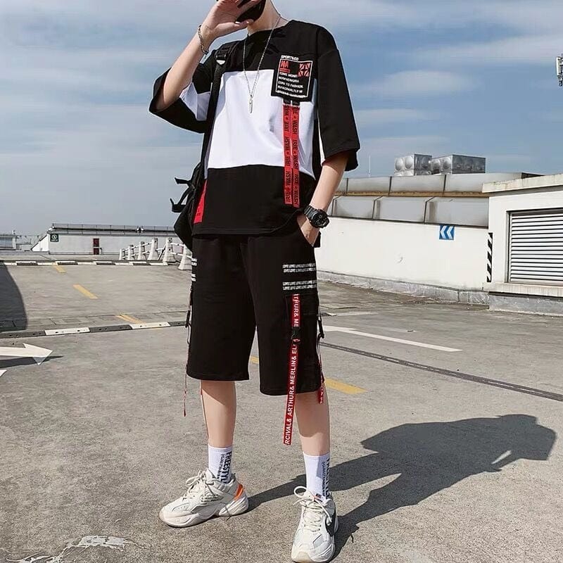 streetwear 2pcs set men Short-sleeved Shorts Two-piece Suit Male Summer Student Youth Hip Hop Sports Style Of All Matching