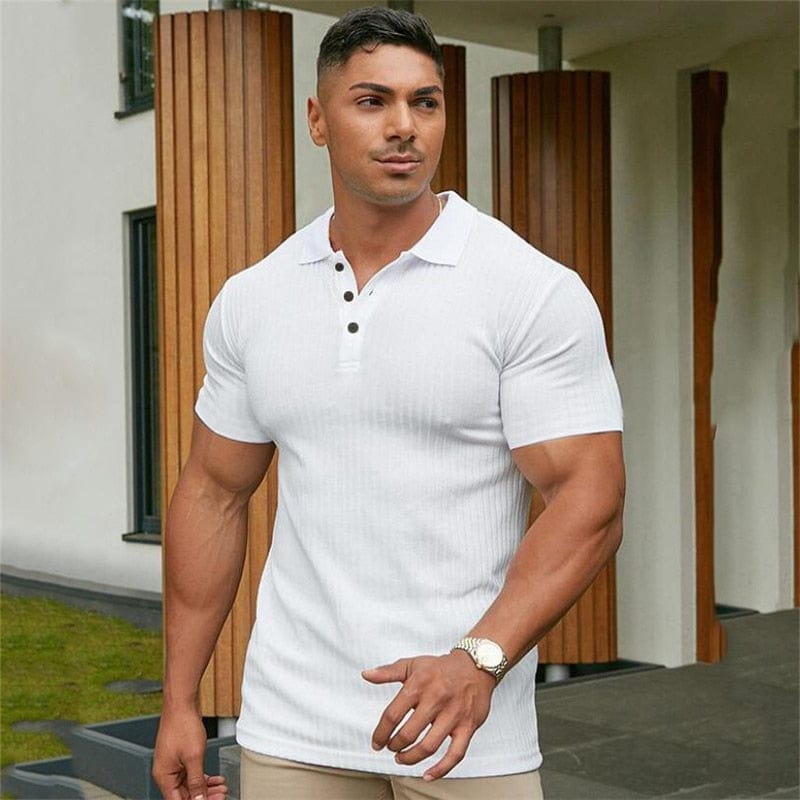 Gym Polo Shirt Men Fashion Turn Neck Short Sleeve Knitted Polos Sports Slim Fit Fitness Bodybuilding Workout Summer Clothing