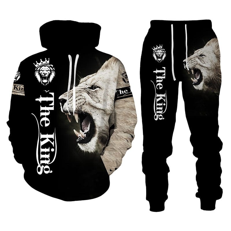 3D animal Lion Print Hoodie + Pants Two Piece Set Tracksuit Men Hooded Sweatshirts Autumn and Winter Men's Clothing Suit