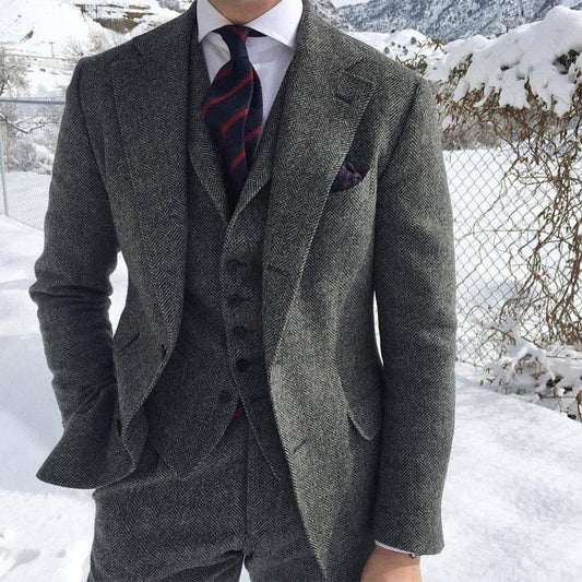 Costume de bărbați din tweed de lână gri pentru nuntă de iarnă Tuxedo de mire formal 3 piese Set de modă masculină în oase de pește Jachetă Vestă cu pantaloni