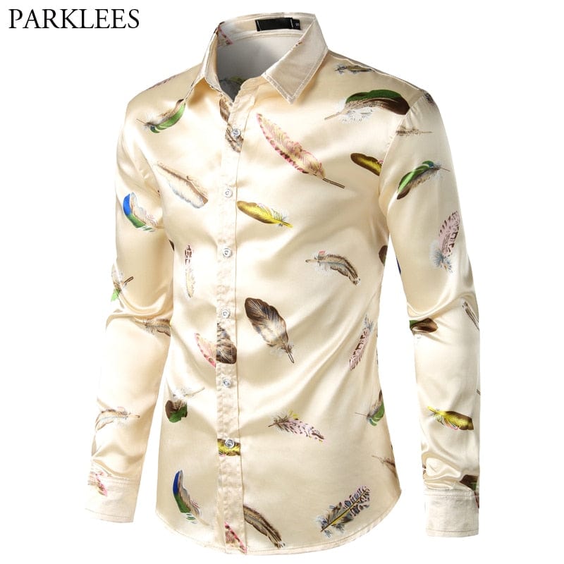 Feather Printed Silk Shirt Men Satin Smooth Men Long Sleeve Casual Party Button Down Men Designer Shirts for Men Camisas Hombre