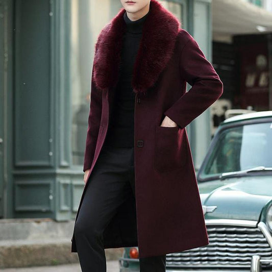 5XL Large Size Luxury Big Fur Claret Overcoats Mens Black Long Trench Coats For Mens Vintage Winter Coats Burgundy Warm Grey New