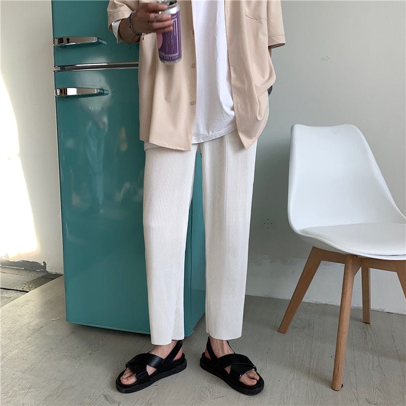 Pleated Straight Pants Men&#39;s Fashion Elastic Waist Casual Pants Men Streetwear Loose Ice Silk Trousers Mens Wide Leg Pants S-2XL