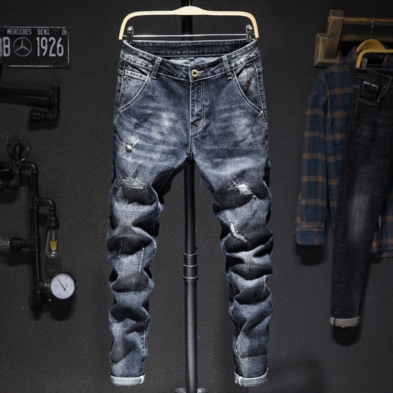 Blugi biker bărbați, albastru închis, stretch, slim fit, rupti, îmbrăcăminte de stradă, pantaloni din denim, ocazional, retro, pantaloni pentru bărbați, pantaloni hiphop pentru bărbați.