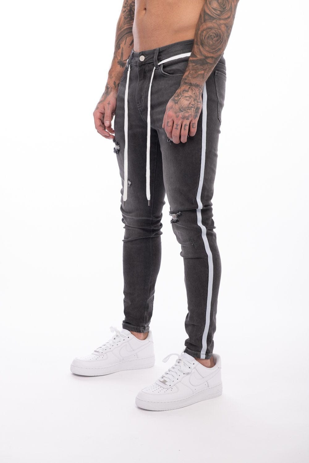 Skinny Jeans Men Hip Hop Stripe Elastic Slim Fit Denim Pants Male Stretchy Pencil Bottoms street Knee Ripped Holes Jeans