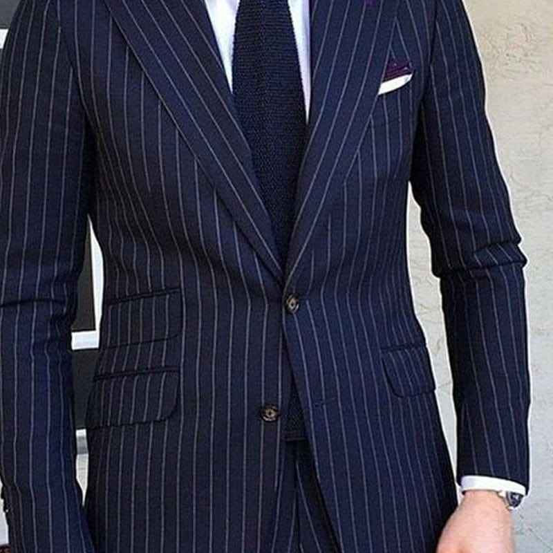 Pinstripe Slim Fit Men Suits for Formal Wedding Tuxedo Notched Lapel 2 Piece Navy Blue Striped Business Groom Male Fashion