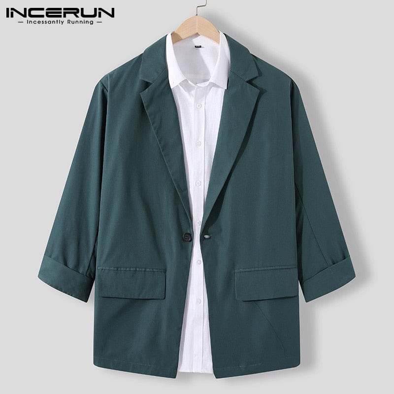 INCERUN Blazer de modă pentru bărbați, îmbrăcăminte de stradă, culoare solidă, rever, mânecă 3/4, cu un singur buton, costume de agrement, pentru bărbați, 2022, jachete subțiri, casual, S-5XL