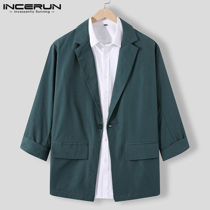 INCERUN Fashion Men Blazer Streetwear Solid Color Lapel 3/4 Sleeve One Button Leisure Suits Men  Casual Thin Jackets S-5XL
