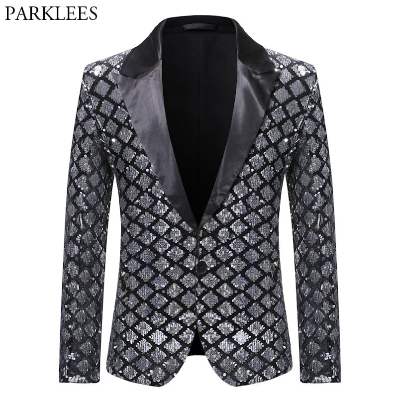 Silver Sequin Plaid Blazer Jacket Men 2019 Fashion Slim FIt One Button Dress Suit Blazer Male Party Wedding Stage Costume Homme