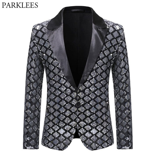 Silver Sequin Plaid Blazer Jacket Men 2019 Fashion Slim FIt One Button Dress Suit Blazer Male Party Wedding Stage Costume Homme