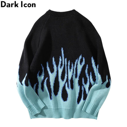 DARK ICON Blue Flame Sweater Me 2019 Winter Streetwear Men's Sweaters Pullover Knitwear Sweater for Men