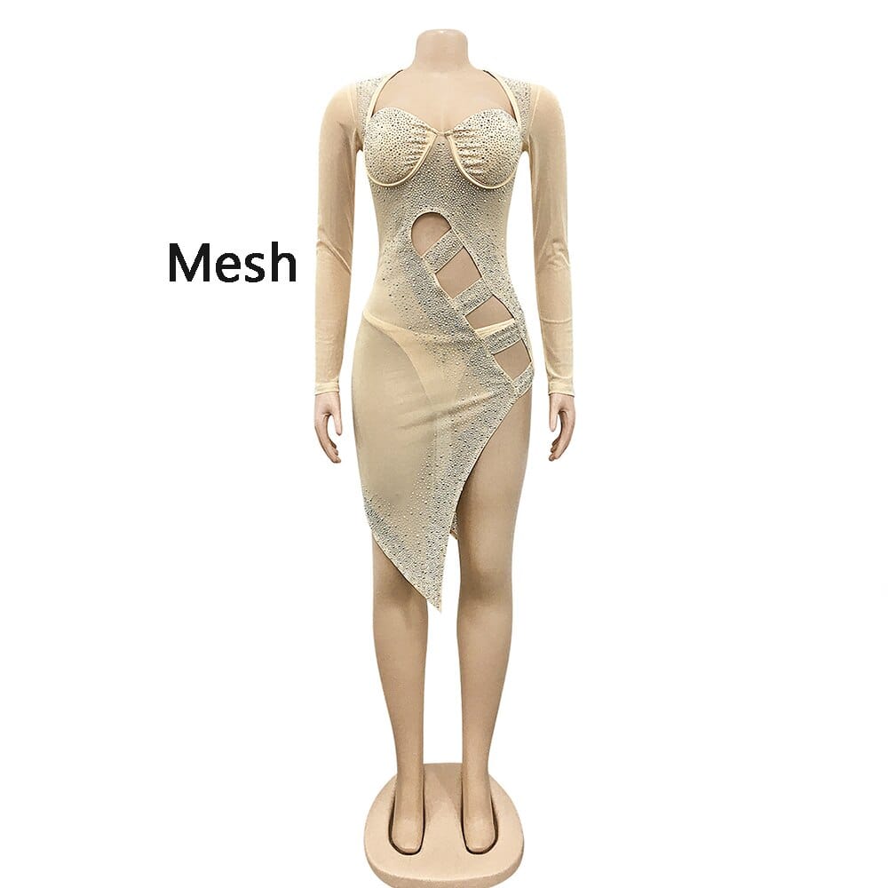 QILI New Arrivals Womens Diamonds Dress Sexy Square Collar Full Sleeve Hollow Out Rhinestone Dresses Elegant Ladies Party Dress