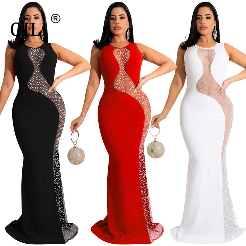 QILI Sexy Hot Rhinestone Mesh See-through Sleeveless Backless Long Skirt Dress Women