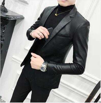 Men Suit Black Slim Fit Blazer Hombre PU Leather Jacket Male One Button Business Casual Prom Korean Suit Coat