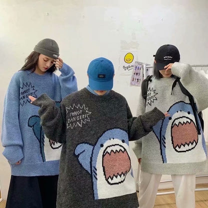 ZAZOMDE Men Turtlenecks Shark Sweater Men  Winter Patchwor Harajuku Korean Style High Neck Oversized Grey Turtleneck For Men