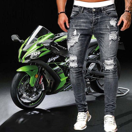 Blugi skinny rupți pentru bărbați Pantaloni creion cu găuri slim, albaștri, pantaloni de tip motociclist, îmbrăcăminte de stradă 2022, de înaltă calitate, îmbrăcăminte pentru bărbați