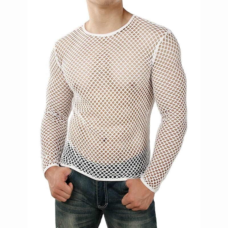 Mens Transparent Sexy Mesh T Shirt 2021 New See Through  Fishnet Long Sleeve Muscle Undershirts Nightclub Party Perform Top Tees