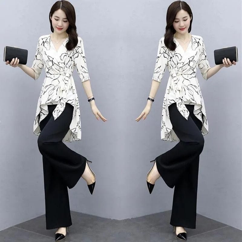 Oversize Women Summer Clothing Set Fashion High Waist Wide Leg Pants &amp; Irregular Hem Tops Two Pieces Suits Good Quality