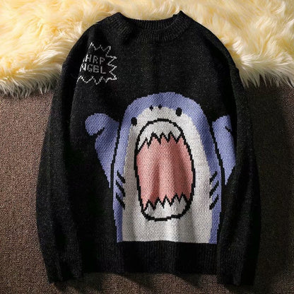 ZAZOMDE Men Turtlenecks Shark Sweater Men  Winter Patchwor Harajuku Korean Style High Neck Oversized Grey Turtleneck For Men