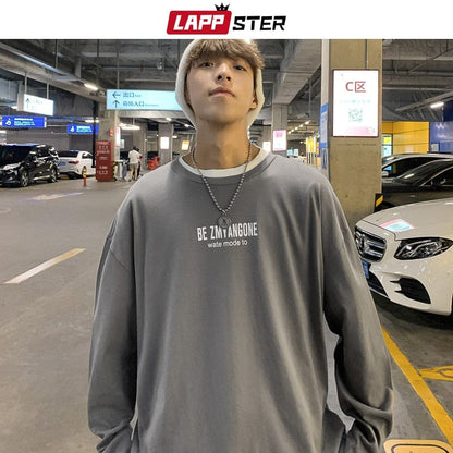 LAPPSTER Men Graphic Letter T Shirt Long Sleeve  Autumn Mens Harajuku Streetwear Kpop Tshirts Colorful Tops Tees Plus Size