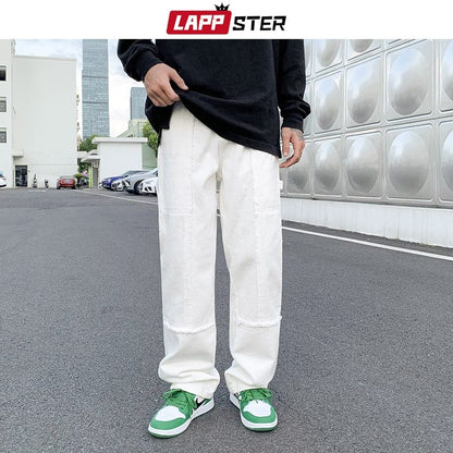 LAPPSTER Men Patchwork Baggy Casual Jeans Pants  Mens Y2k Japanese Streetwear Denim Trousers Male Vintage Kpop Fashion Jeans