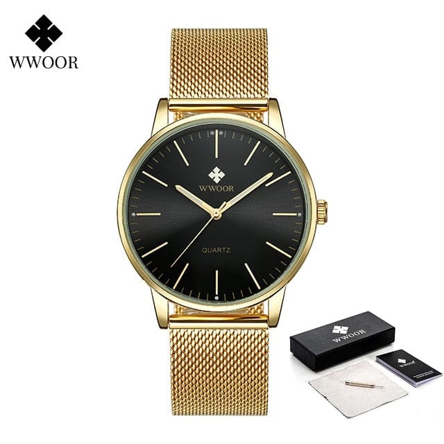 WWOOR Men Gold Watches  Luxury Brand Men Fashion Quartz Golden Clock Male Simple Sports Waterproof Wrist Watch Zegarek Meski