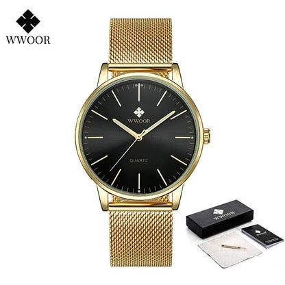 WWOOR Men Gold Watches  Luxury Brand Men Fashion Quartz Golden Clock Male Simple Sports Waterproof Wrist Watch Zegarek Meski