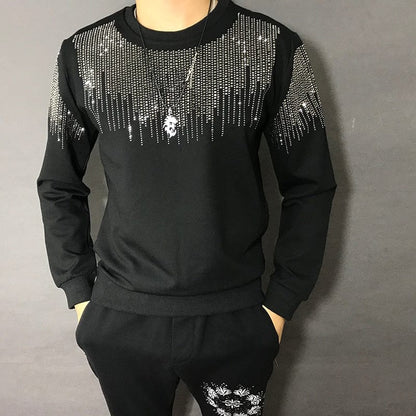 Autumn Winter New Fashion Brand Men's Tee Shirt Homme Personalized Trend Hot Drilling Tiger Head Men's Heavy Industry Tshirt Men