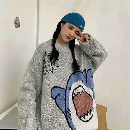 ZAZOMDE Men Turtlenecks Shark Sweater Men  Winter Patchwor Harajuku Korean Style High Neck Oversized Grey Turtleneck For Men