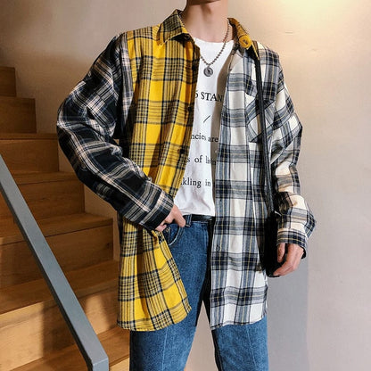 LAPPSTER Men Oversized Cotton Plaid Shirt  Man Hip Hop Patchwork Button Up Long Sleeve Shirt Couple Korean Harajuku Clothing