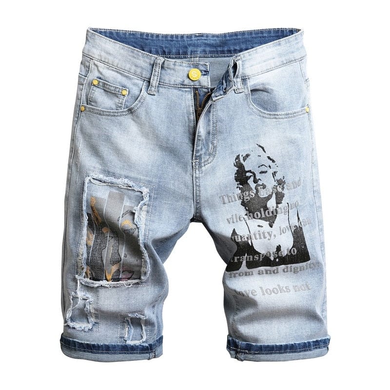 Pantaloni scurți de blugi confortabili, albastru deschis, cu imprimare artistică 3D, vara 2020, pantaloni scurți de blugi subțiri, must-have pentru tineret