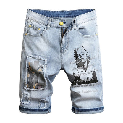 3D character art printed men's light blue comfortable denim shorts  summer new youth must-have fashion slim jeans shorts