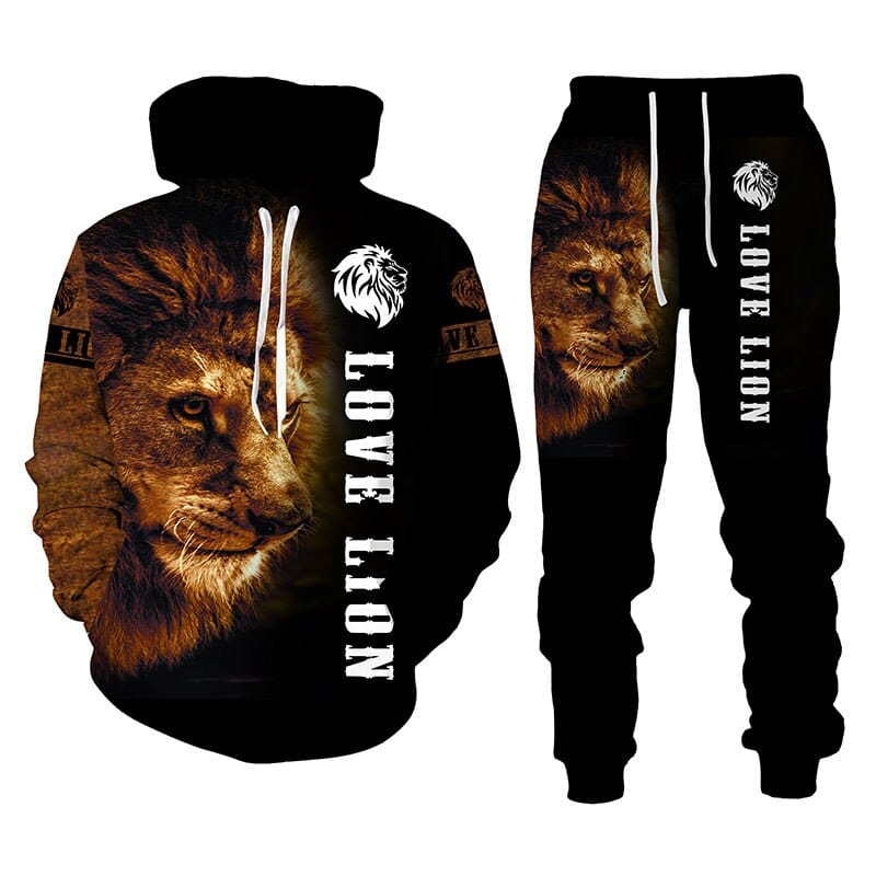 3D animal Lion Print Hoodie + Pants Two Piece Set Tracksuit Men Hooded Sweatshirts Autumn and Winter Men's Clothing Suit
