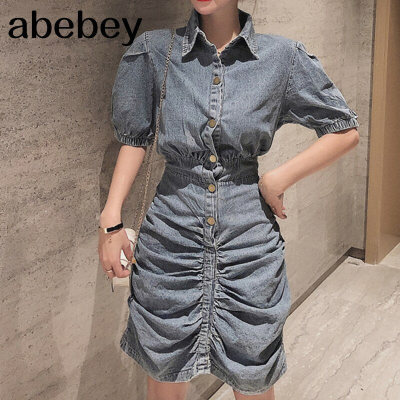 Hollow out knot tie blue denim dress Elegant puff short sleeve bodycon jeans dress Sexy street wear women summer dress