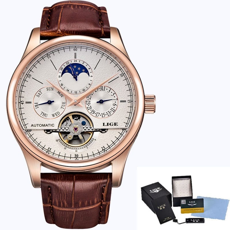 LIGE Men Watch Top Brand Mens Mechanical Watches Automatic Tourbillon Skeleton Watch Men Calendar Relogio Masculino dropship+Box