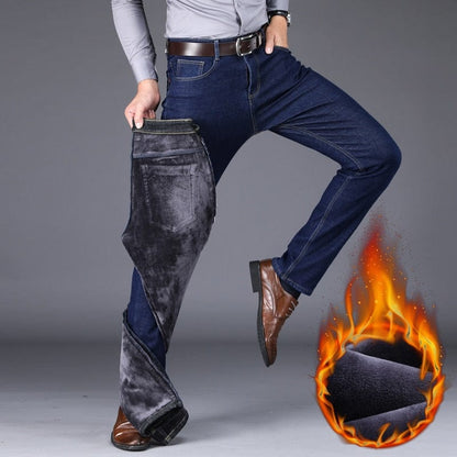 Winter New Men's Warm Slim Fit Jeans Business Fashion Thicken Denim Trousers Fleece Stretch Brand Pants Black Blue